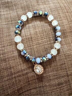 Beaded Crystal Charm Stretch Bracelet - White and Iridescent Blue